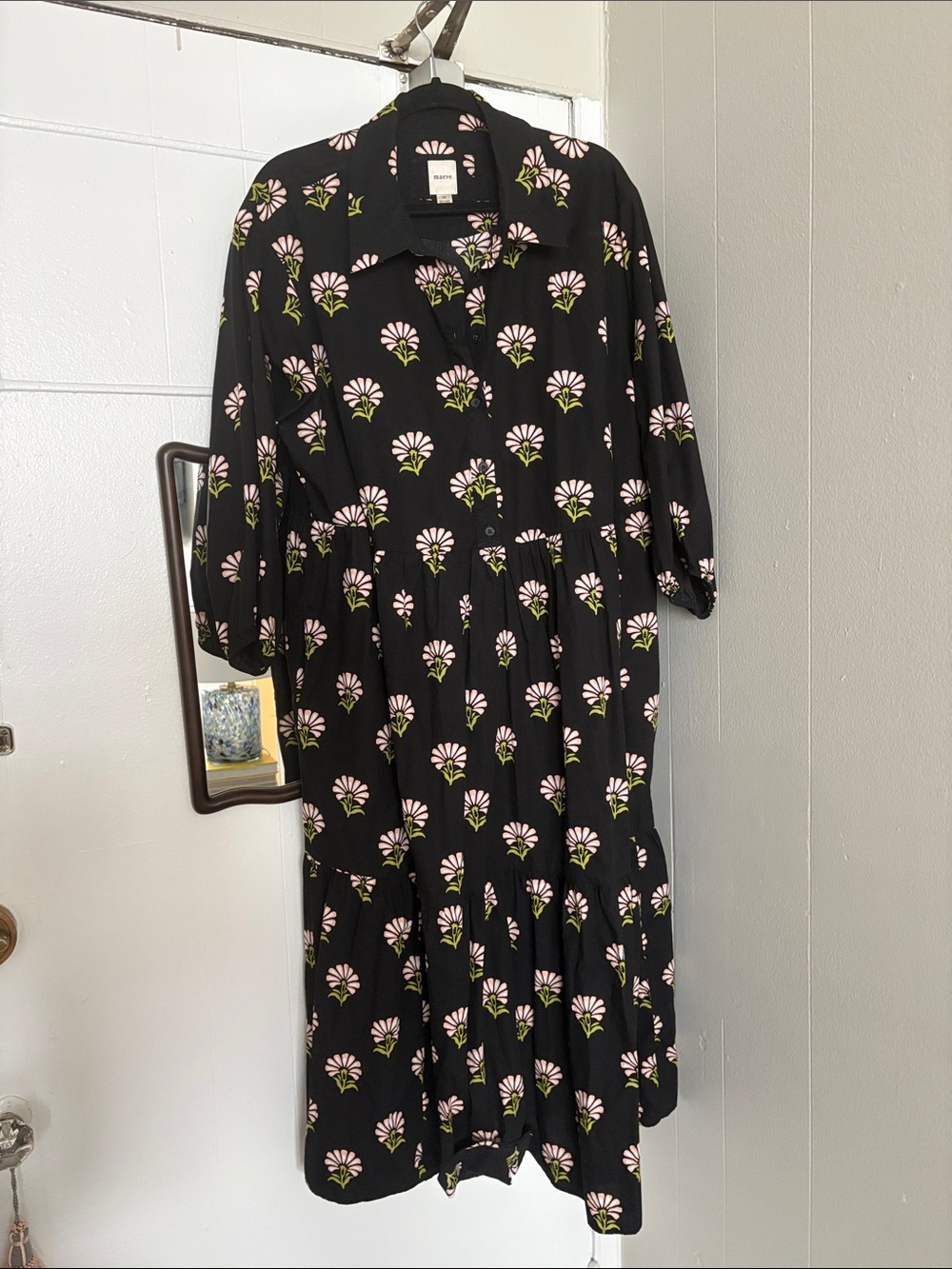 Anthropologie Bettina Black Floral Button-Front Midi Dress - Pink & Green Print